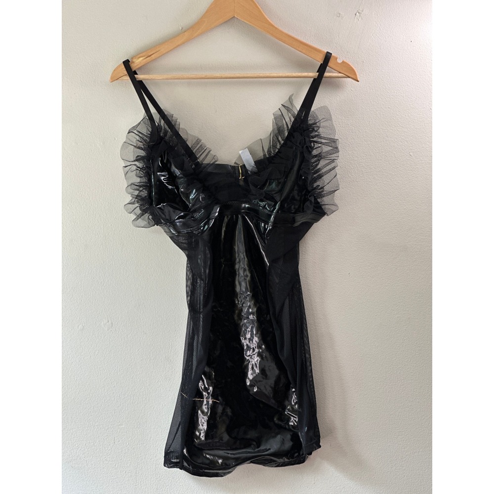 Forplay Black Faux Leather and Mesh Ruffle Tulle Bodysuit Large NWT